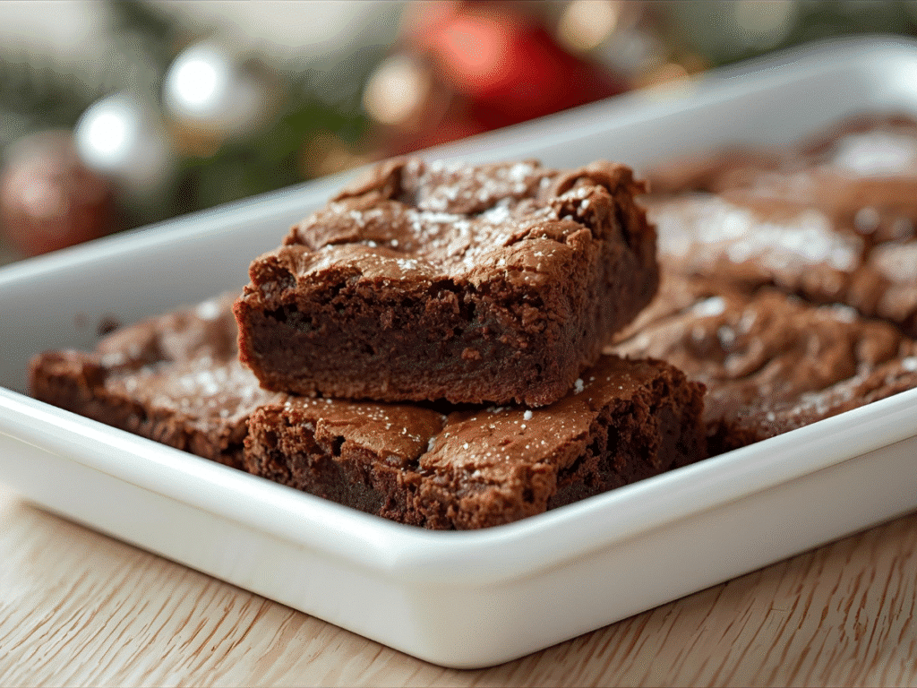 Chewy brownies with holiday spices on rustic plate;