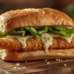 Close‑up crispy chicken Caesar with lemon and Caesar ramekin;