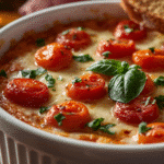 Cheesy Bruschetta Dip topped with tomatoes and basil, served warm with toasted baguette.​