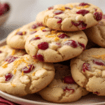 Alt Text: Close-up of golden brown cranberry orange cookies with scattered dried cranberries and grated orange zest