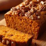Alt: Golden Sweet Potato Pecan Bread with two end slices and butter pat.​