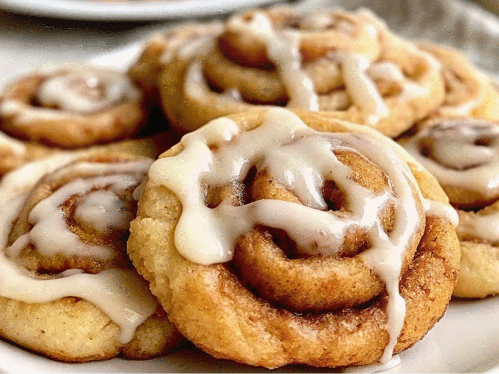 Cinnamon Roll Cookies Swirls with icing drizzle on cooling rack, cozy Easy Fall Baked Goods and Cinnamon Cookie treat.​