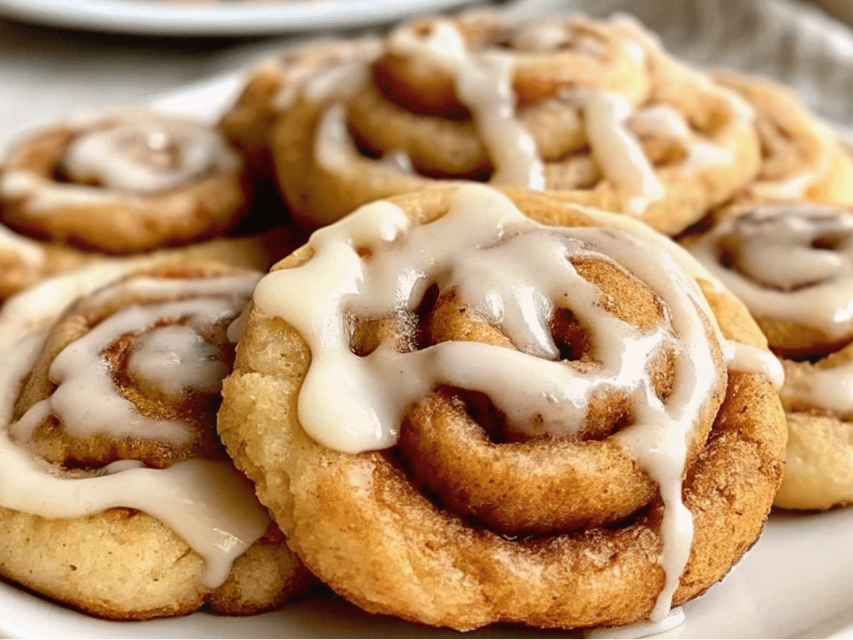 Cinnamon Roll Cookies Swirls with icing drizzle on cooling rack, cozy Easy Fall Baked Goods and Cinnamon Cookie treat.
