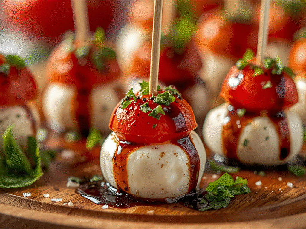 Mini Caprese Bites skewers with tomato, basil, and mozzarella finished with a thin balsamic glaze for Easy Small Bites.