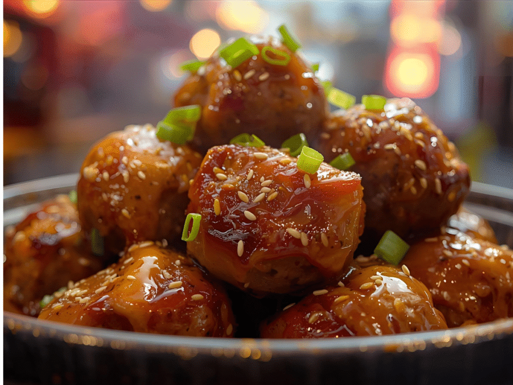 Glazed Korean BBQ Meatballs with spicy mayo, garnished with green onions and sesame seeds.​