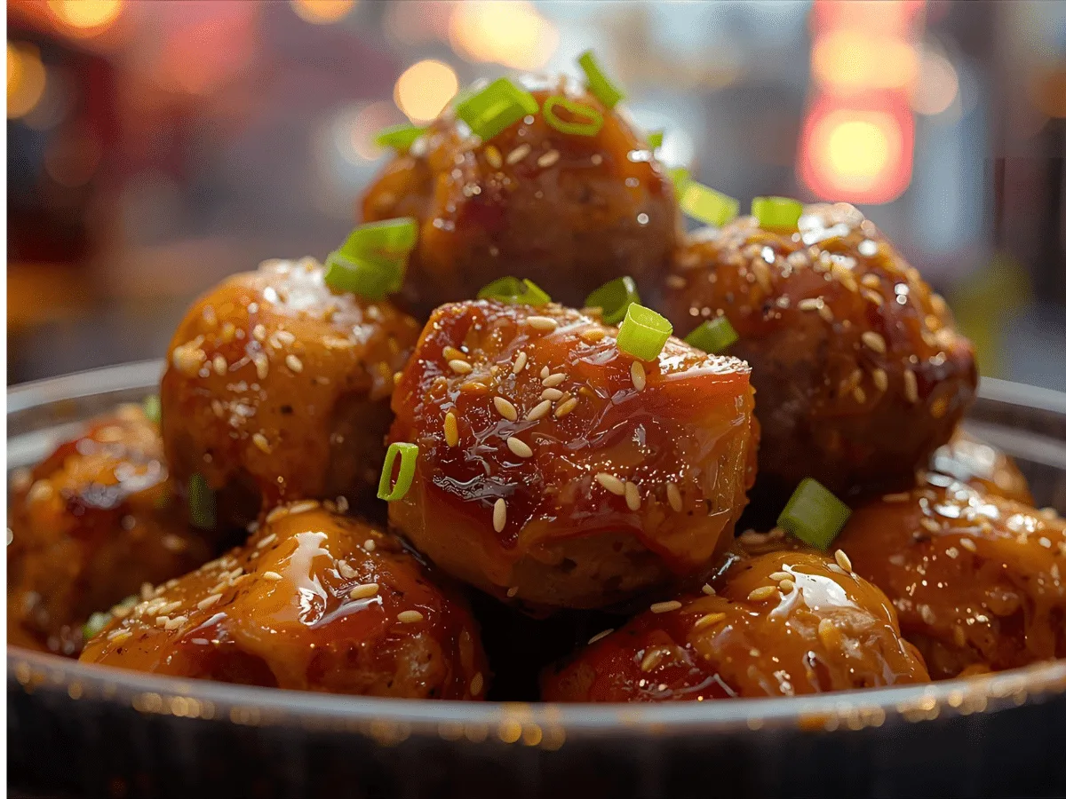 Glazed Korean BBQ Meatballs with spicy mayo, garnished with green onions and sesame seeds.​