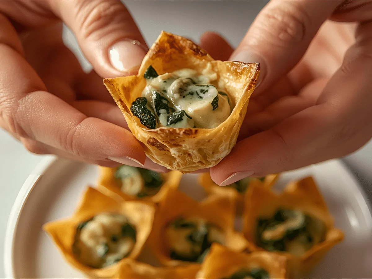 Spinach & Artichoke Wonton Cups baked golden in a muffin pan; crispy wonton shells with creamy dip​