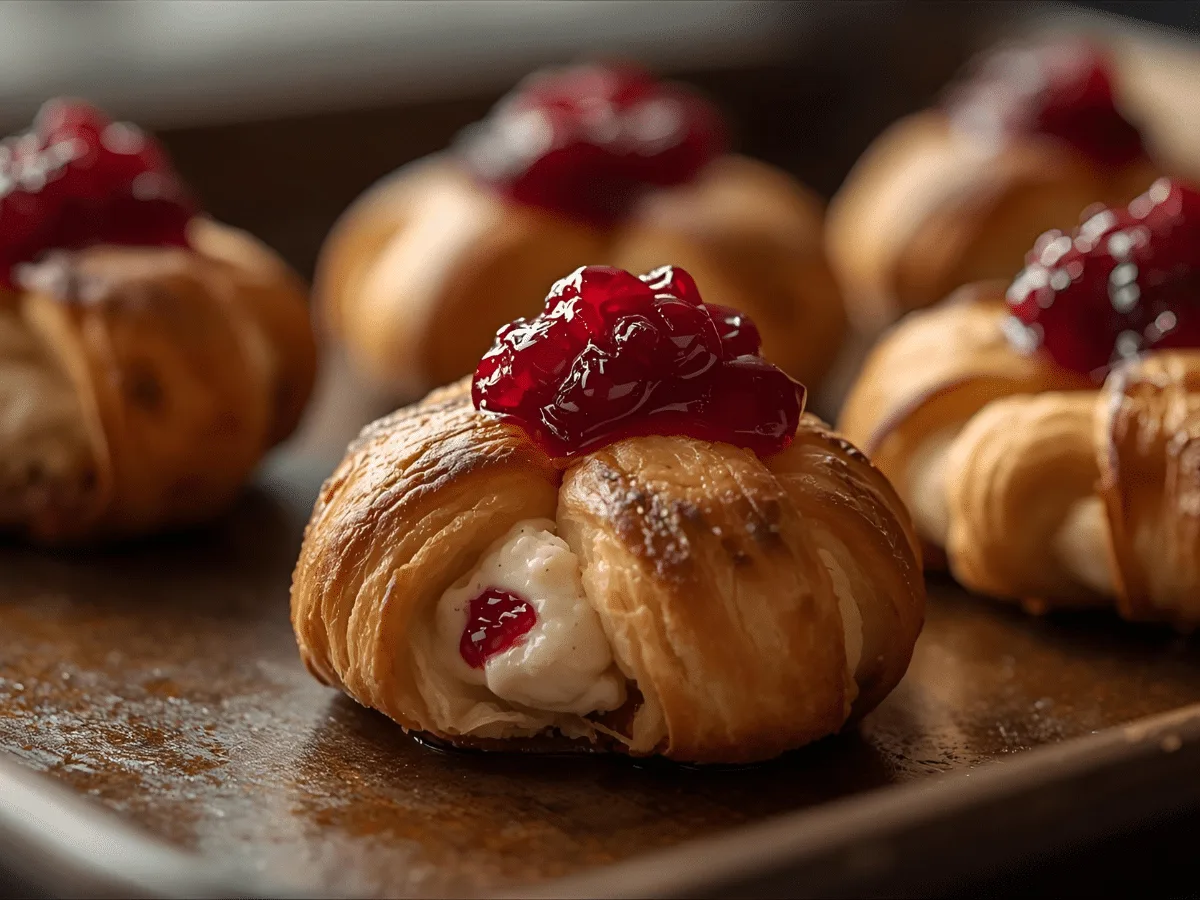 Golden cranberry cream cheese crescent bites with visible chives on wood
