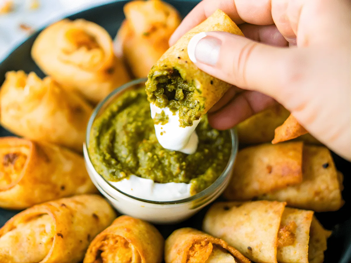 Antojitos baked tortilla pinwheels with cheddar, bell pepper, green chilies, pesto sour cream dip.​