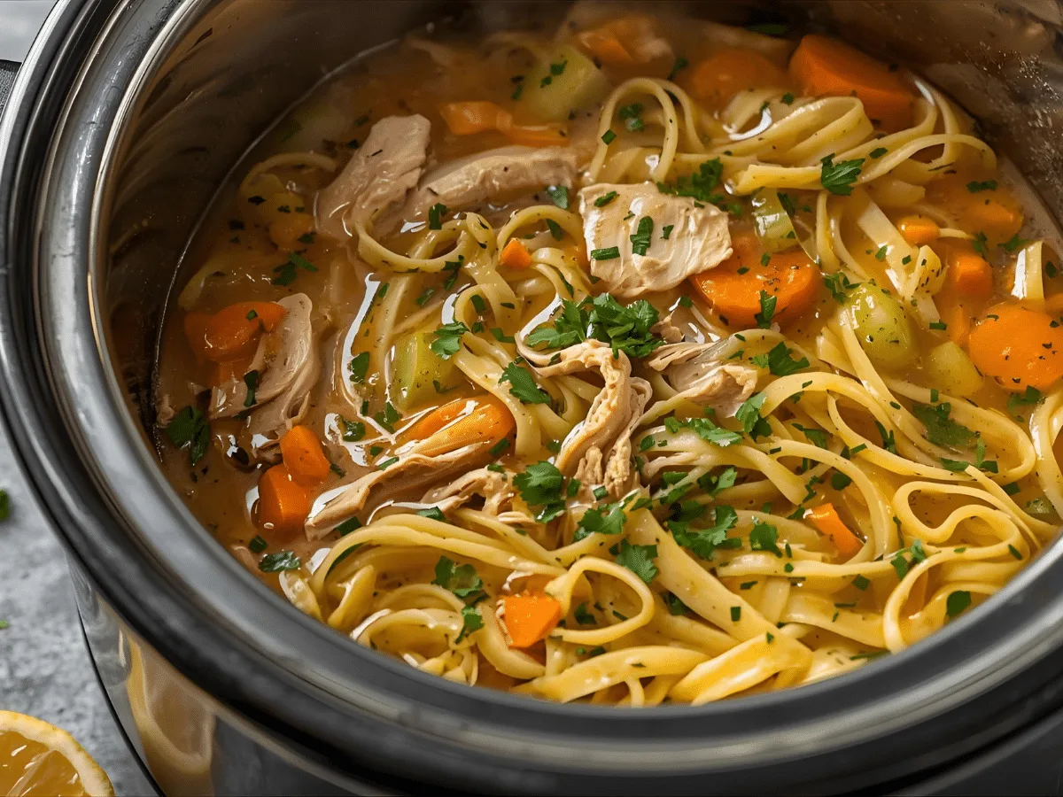 Slow Cooker Chicken Noodle Soup with egg noodles, chicken, carrots, celery, onion, and parsley in golden broth;