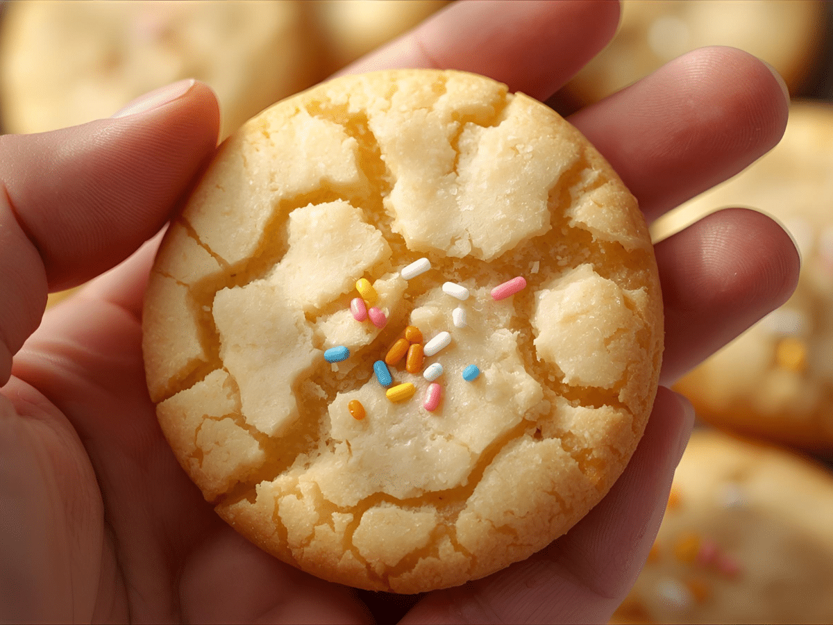Soft & Buttery Sugar Cookies with sugar sparkle and rainbow sprinkles on parchment.​
