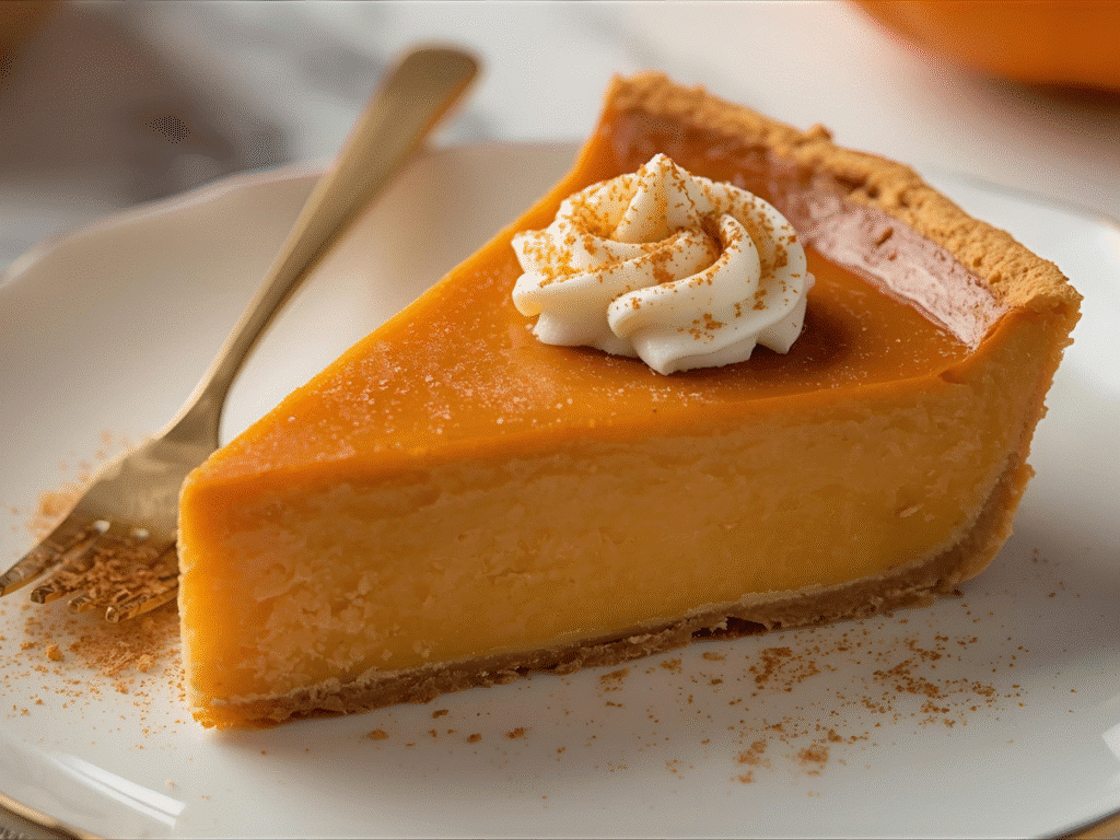 Crustless pumpkin pie with condensed milk on white plate with whipped cream.​