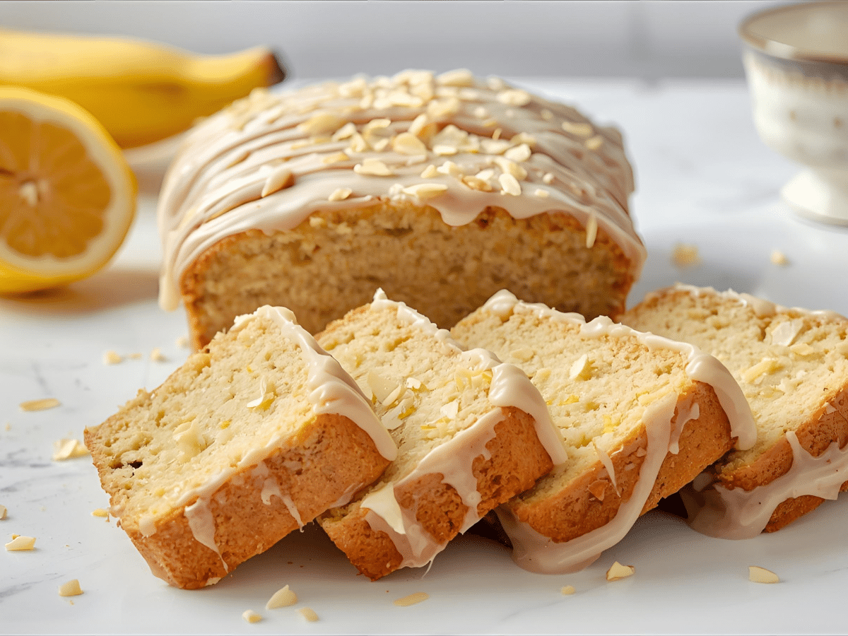Moist lemon banana bread with lemon glaze and sliced almonds on rack.​