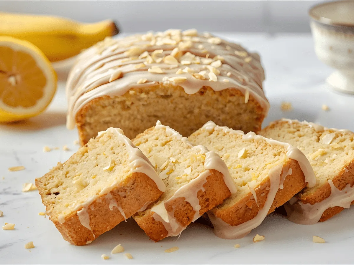Moist lemon banana bread with lemon glaze and sliced almonds on rack.​
