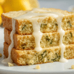 Lemon zucchini bread loaf with lemon glaze, fresh lemon zest, tender crumb with zucchini, sliced quick bread​