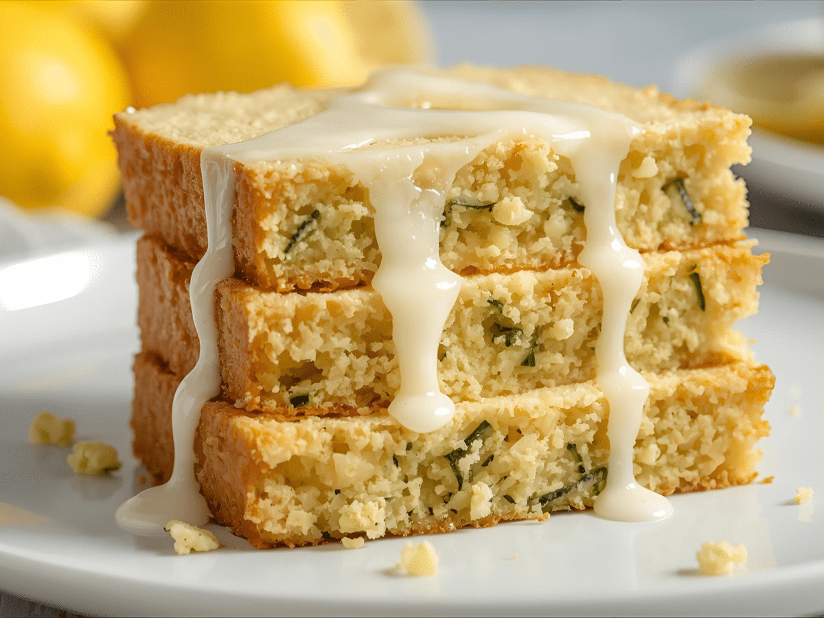 Lemon zucchini bread loaf with lemon glaze, fresh lemon zest, tender crumb with zucchini, sliced quick bread