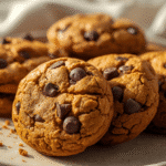 Soft healthy pumpkin chocolate chip cookies with glossy mini chips on parchment.​​