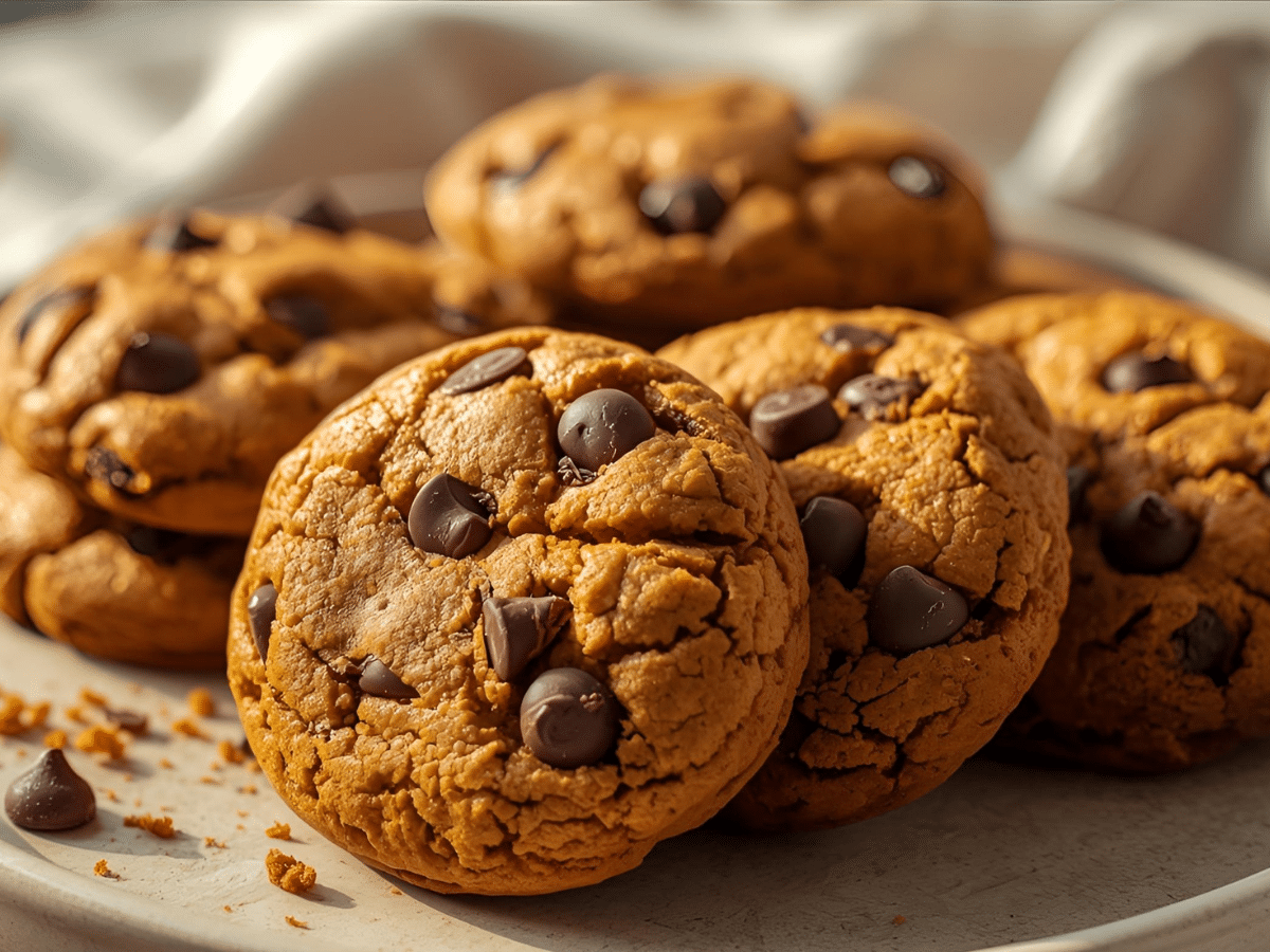 Soft healthy pumpkin chocolate chip cookies with glossy mini chips on parchment.​​