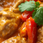 Alt: Chicken Coconut curry in creamy coconut milk sauce with peppers, onions, cilantro, and lime in a skillet.