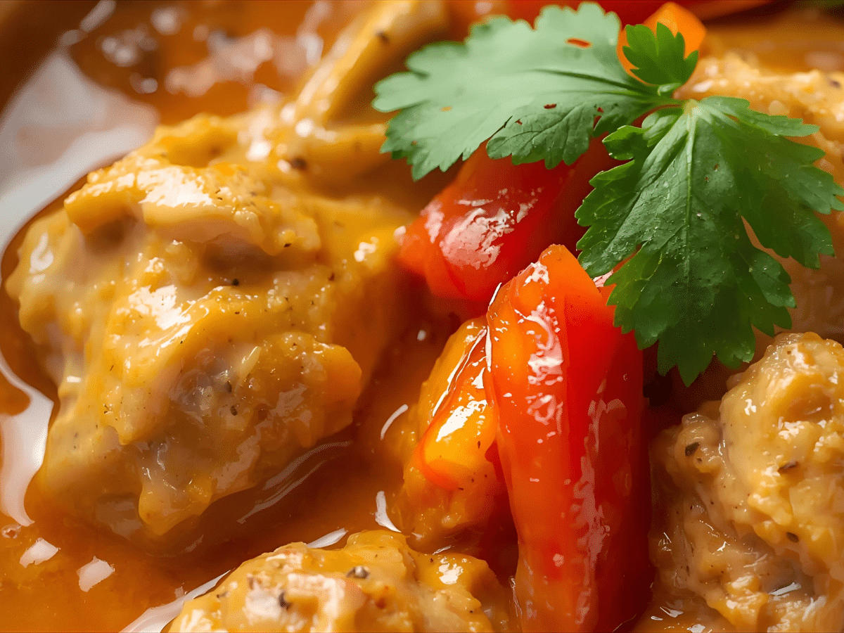 Alt: Chicken Coconut curry in creamy coconut milk sauce with peppers, onions, cilantro, and lime in a skillet.