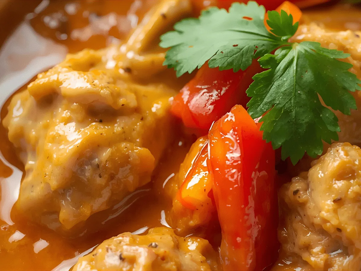 Alt: Chicken Coconut curry in creamy coconut milk sauce with peppers, onions, cilantro, and lime in a skillet.
