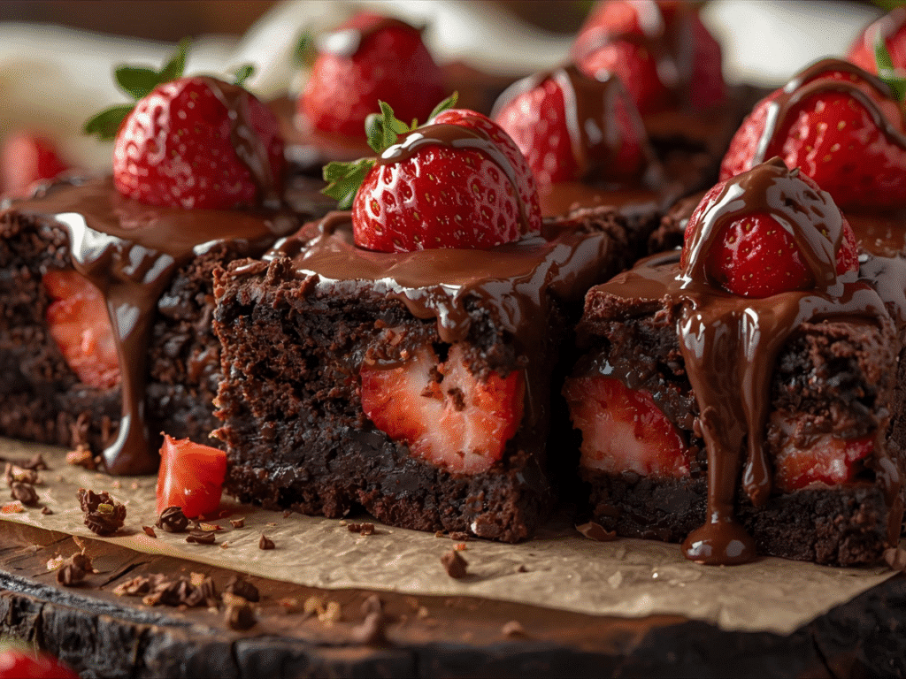 Rich chocolate covered brownies topped with fresh strawberries, shot in natural light.​