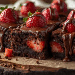 Rich chocolate covered brownies topped with fresh strawberries, shot in natural light.​