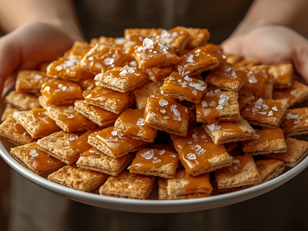 Alt Text: Salted caramel cracker bites stacked on parchment paper, showcasing golden caramel glaze and flaky sea salt on buttery oyster crackers.