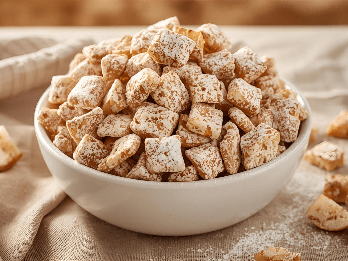 Alt Text: A festive bowl of Caramel Apple Puppy Chow featuring crunchy Rice Chex cereal coated in caramel and green candy melts, mixed with tangy apple chips and pretzels, perfect for fall snacking.