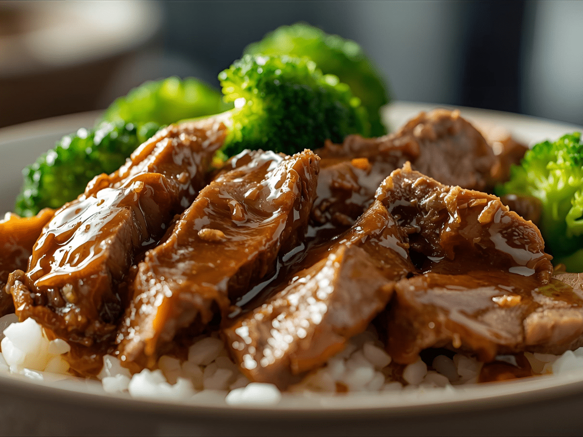 Alt: Slow cooker beef and broccoli with tender beef and fresh broccoli, served in a white bowl