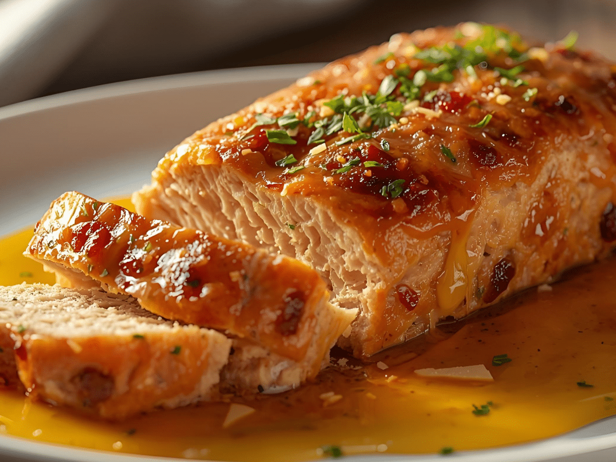 Golden-baked Garlic Parmesan Chicken Meatloaf with herbs