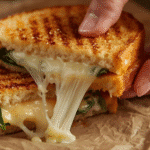 Close up of a Mediterranean grilled cheese cut in half revealing melted mozzarella and spinach on sourdough bread.