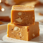 A stack of creamy White Chocolate Pumpkin Fudge squares on a ceramic plate, topped with toasted pecans and a dusting of pumpkin spice.