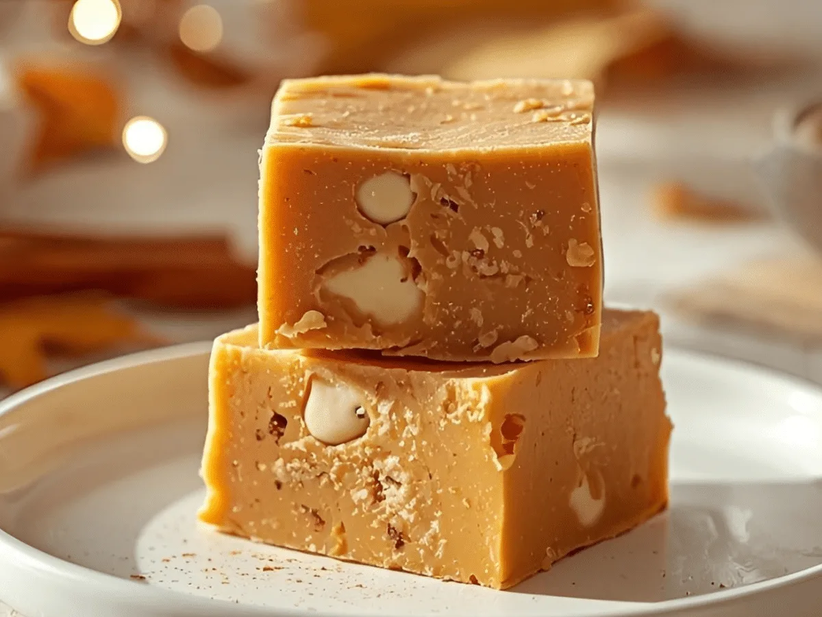 A stack of creamy White Chocolate Pumpkin Fudge squares on a ceramic plate, topped with toasted pecans and a dusting of pumpkin spice.