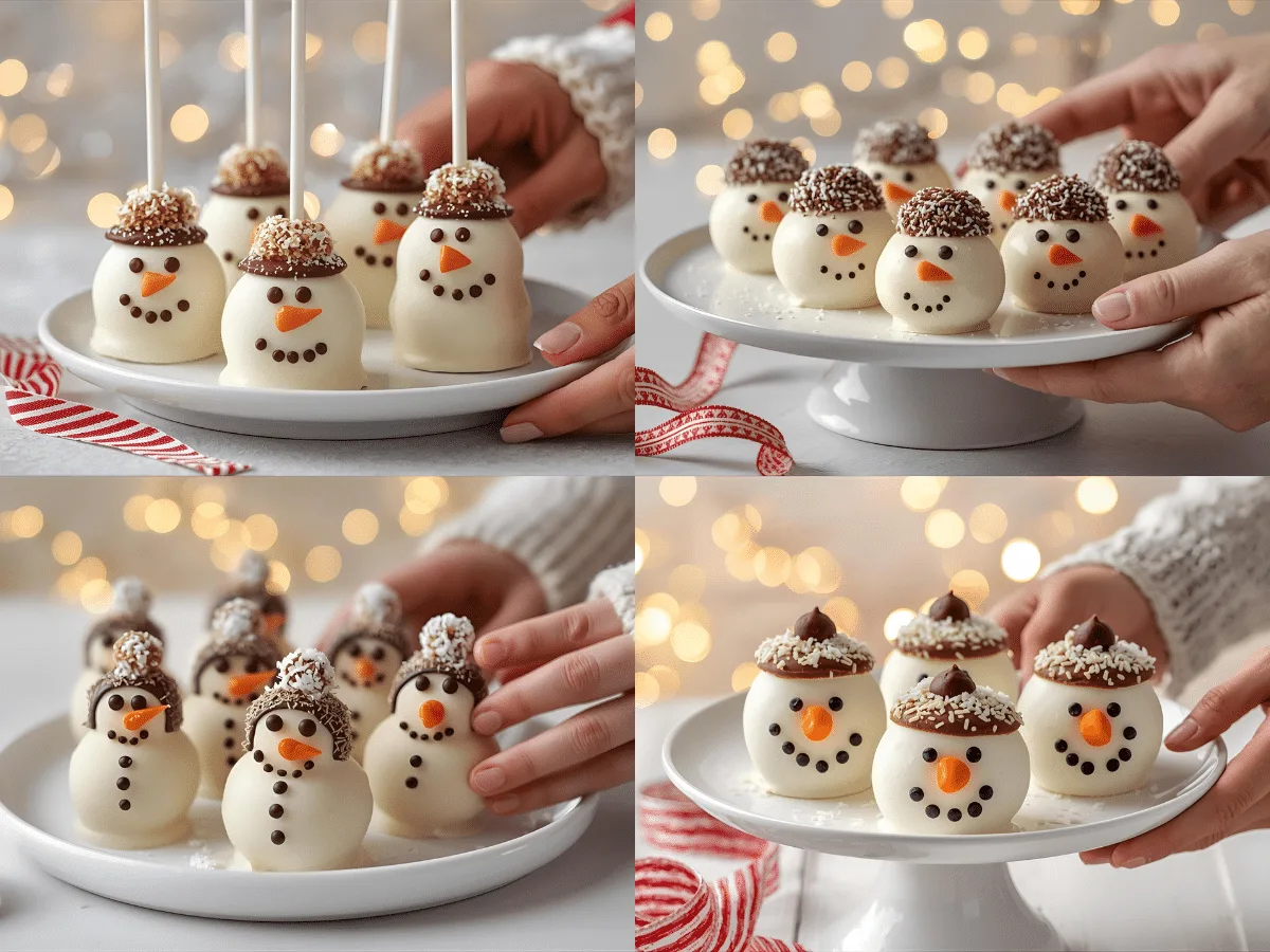 Alt Text: Whimsical Snowman Cake Pops on a wooden table with fairy lights.