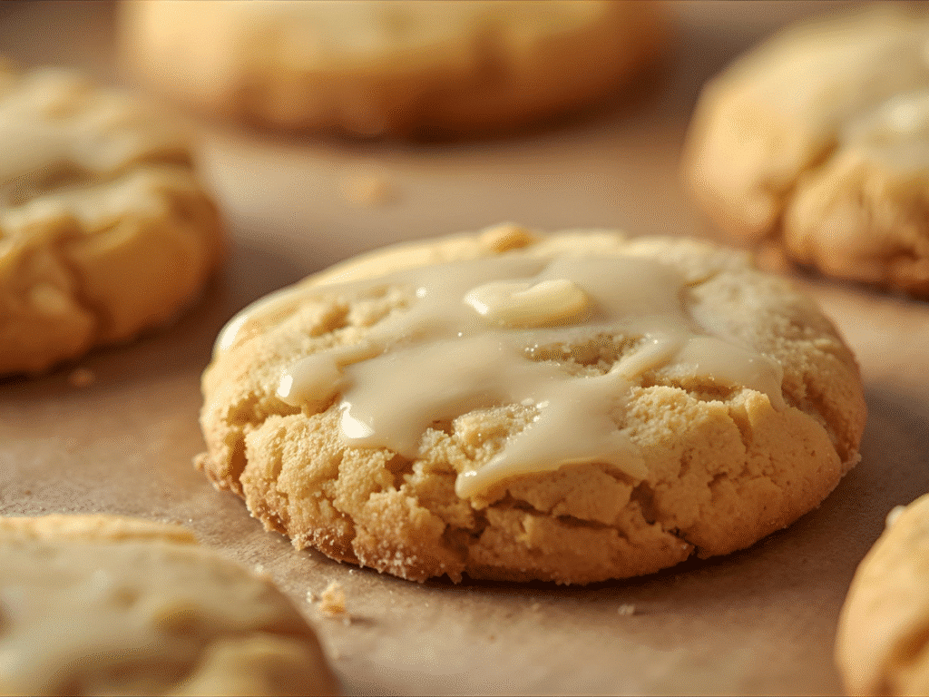 Glazed Kentucky Butter Cake Cookies with buttery vanilla sheen on a white plate.​