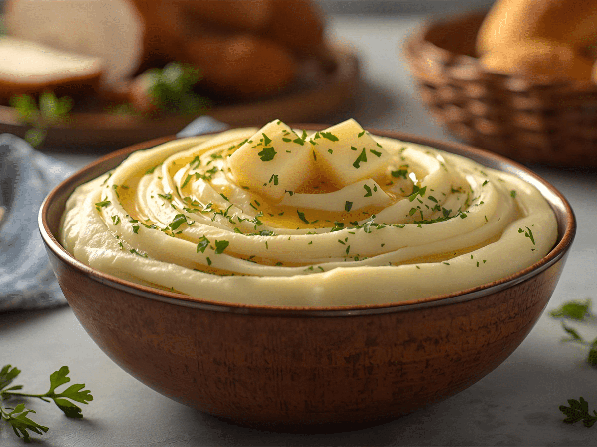 Creamy mashed potatoes with melted butter and chives in a ceramic bowl, ready to serve.