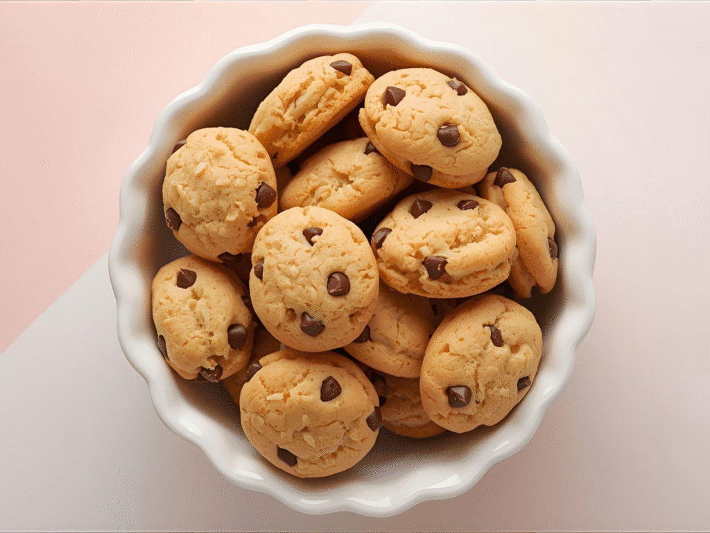 Mini chocolate chip cookies stacked with mini chips dish and crumbs on parchment.​