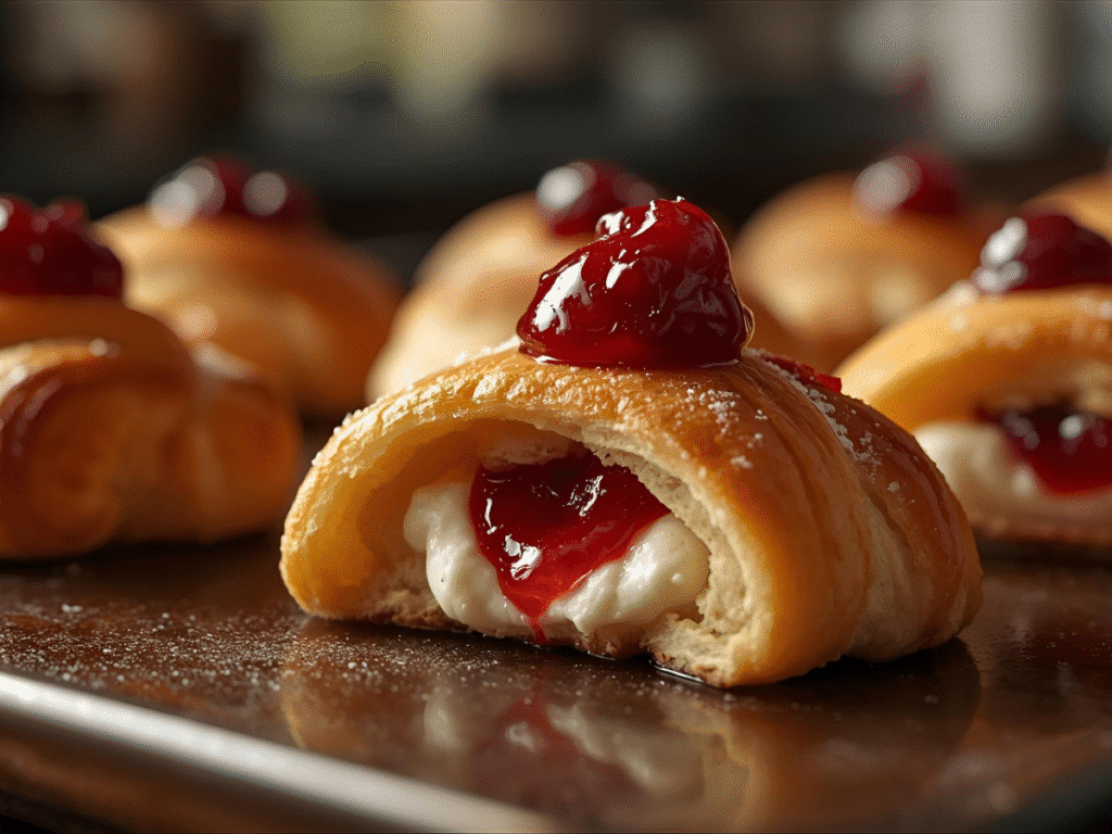 Festive platter of cranberry cream cheese crescent bites for Thanksgiving; 