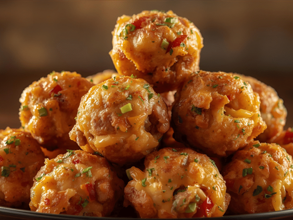 Rotel Cream Cheese Sausage Balls baked on parchment with cheddar shine