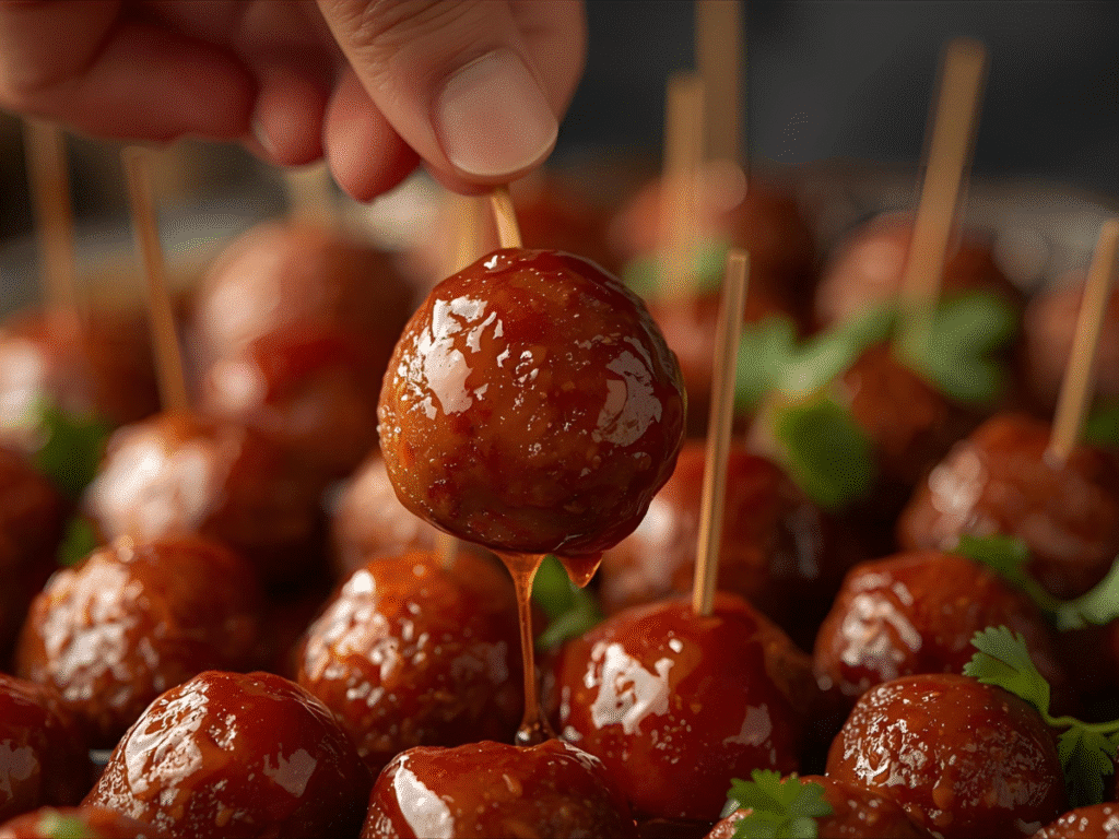 Honey BBQ Crockpot Meatballs in slow cooker, sticky glaze, parsley, toothpicks for serving.​