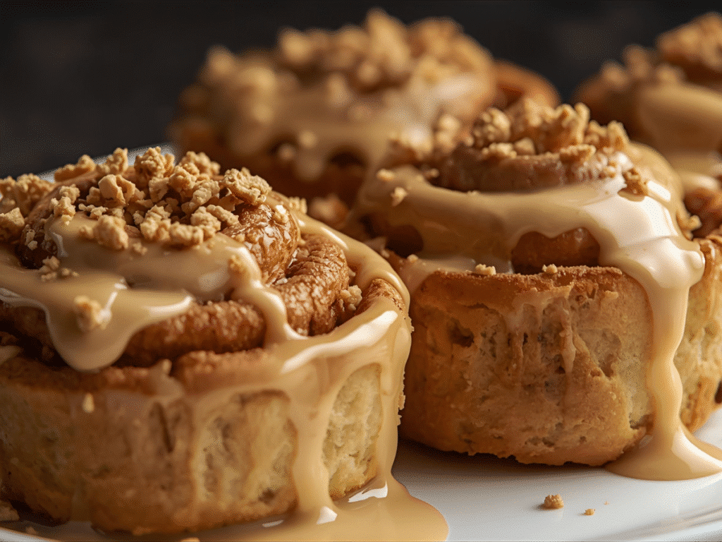Fluffy Biscoff Cookie Butter Cinnamon Rolls with glossy icing.