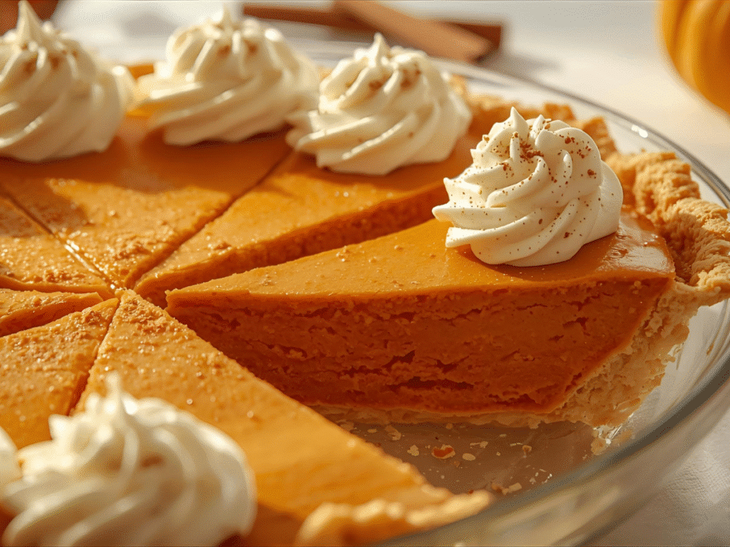 No crust pumpkin pie slice lifted from glass pie plate, silky custard.​