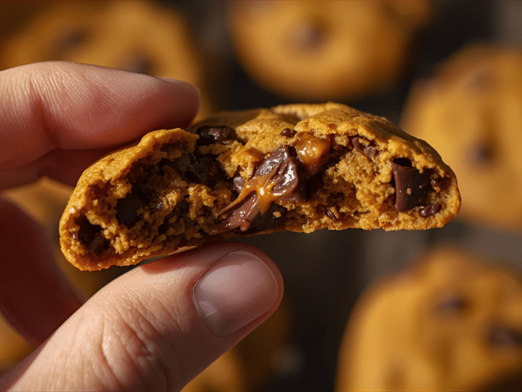 Thick pumpkin chocolate chip cookies stacked to show moist crumb and melted chips.​