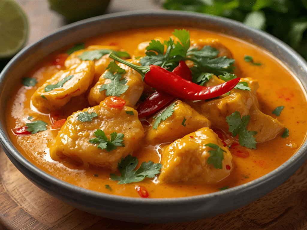 Creamy Chicken Coconut curry with coconut milk sauce, peppers, onions, cilantro, and lime in a white skillet.​