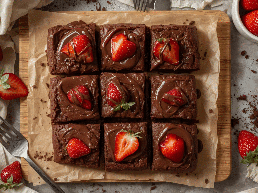 Glossy chocolate covered strawberry brownies arranged in neat squares on a rustic wooden platter, topped with fresh halved strawberries and drizzled ganache.