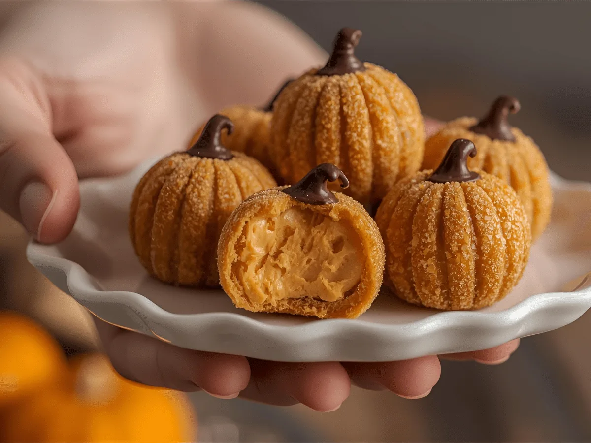 Cluster of sugar-coated pumpkin cheesecake truffles on rustic wooden board surrounded by autumn leaves