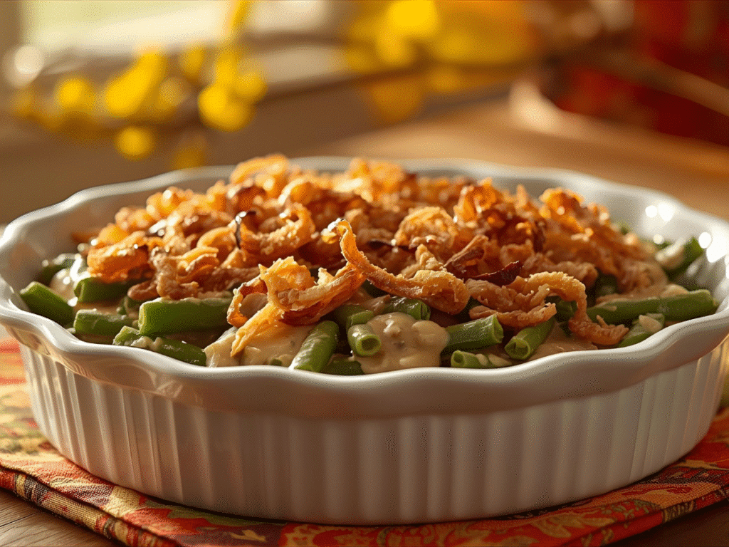 Easy green bean casserole baked until bubbly with a golden onion crust.