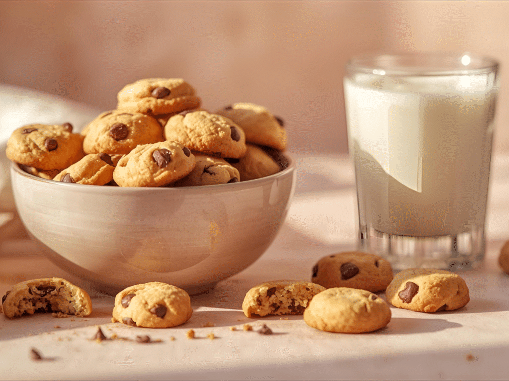 Overhead plate of mini chocolate chip cookies with scattered tiny cookies.​