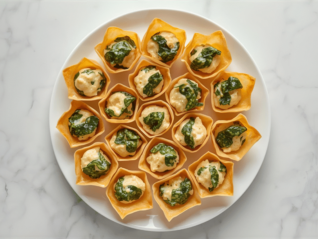Spinach and Artichoke Wonton Cups: Overhead tray of Spinach & Artichoke Wonton Cups with Parmesan​